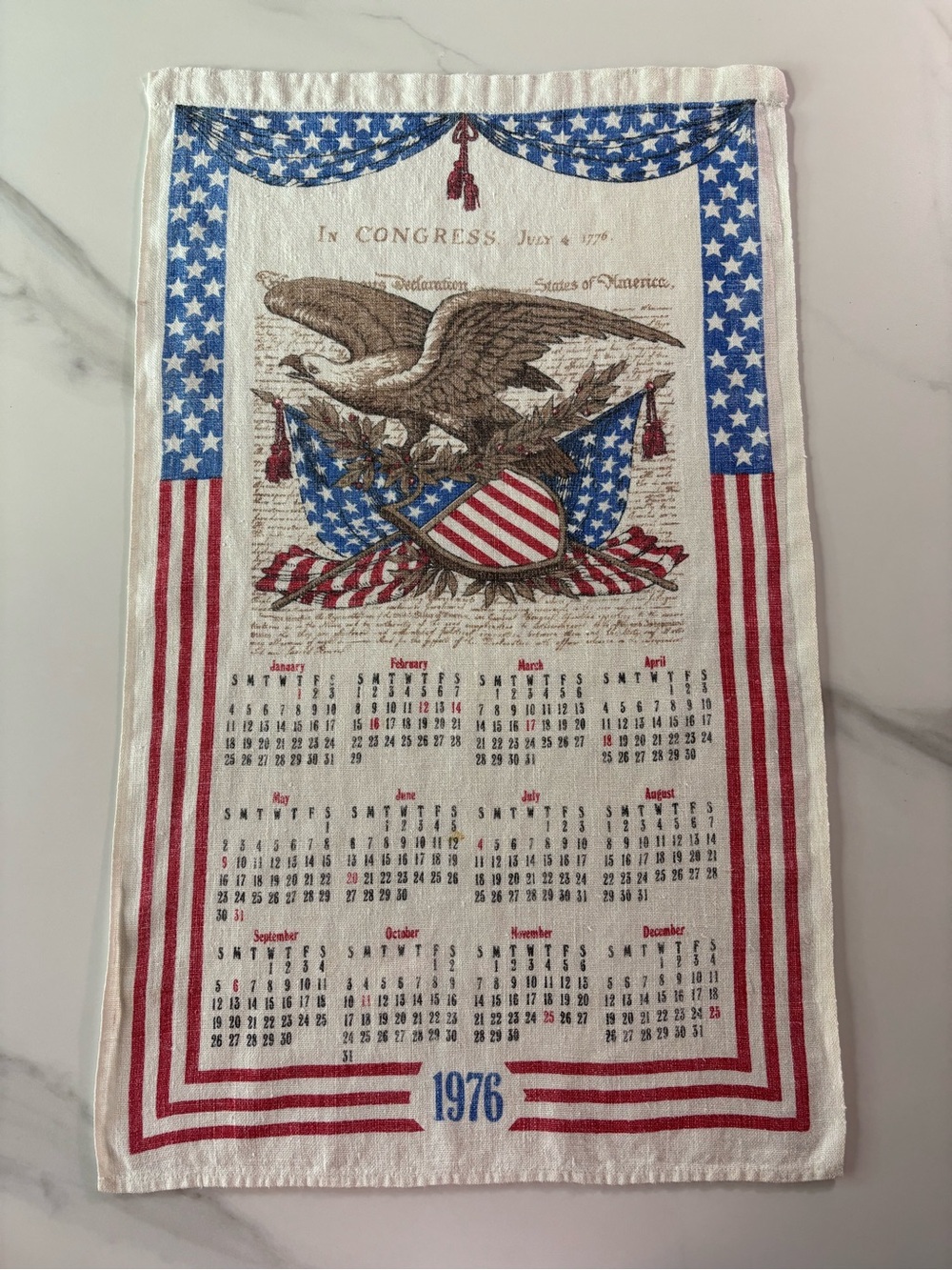 1976 Patriotic Eagle Calendar Tea Towel - Red White Blue